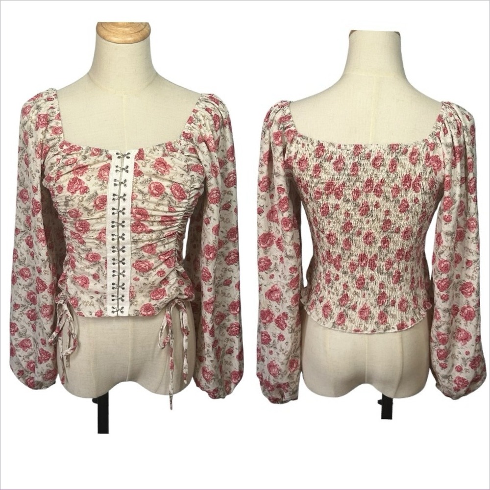 Boho Cottage Corset Smocked Floral Top Sz S/M Feminine Peasant Romantic Coquette